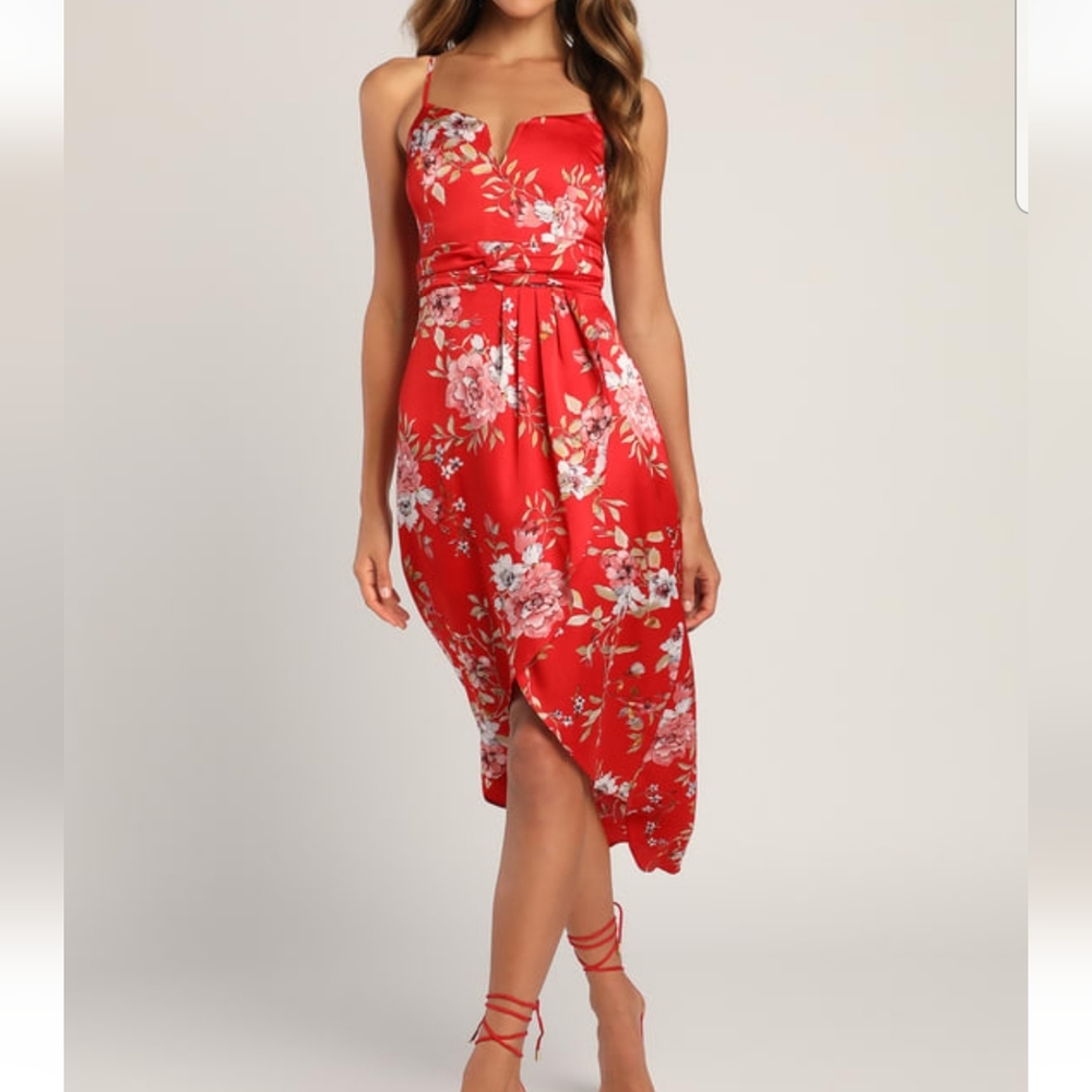 Red Floral Print Midi Dress Lulus